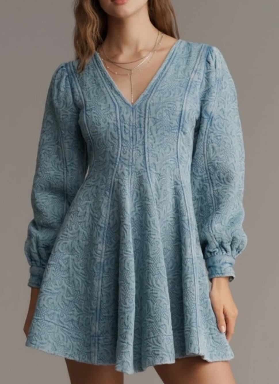 069 NWT Anthropologie Pilcro Long-Sleeve V-Neck Textured Mini Dress | Blue | 4